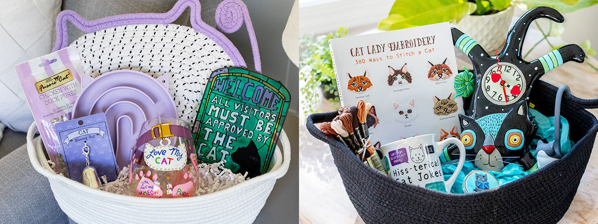 Gift basket filled with cat-lover gifts