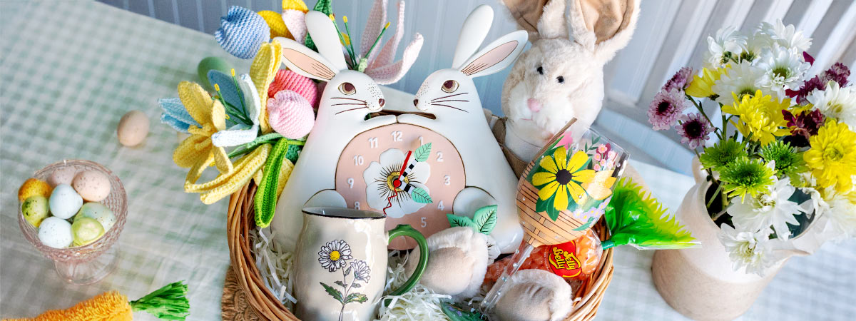 Easter basket filled with bunny and flower gifts