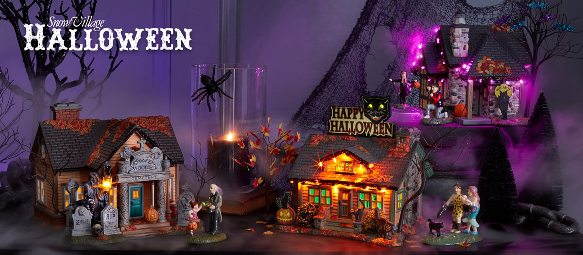 Snow Village Halloween lit houses
