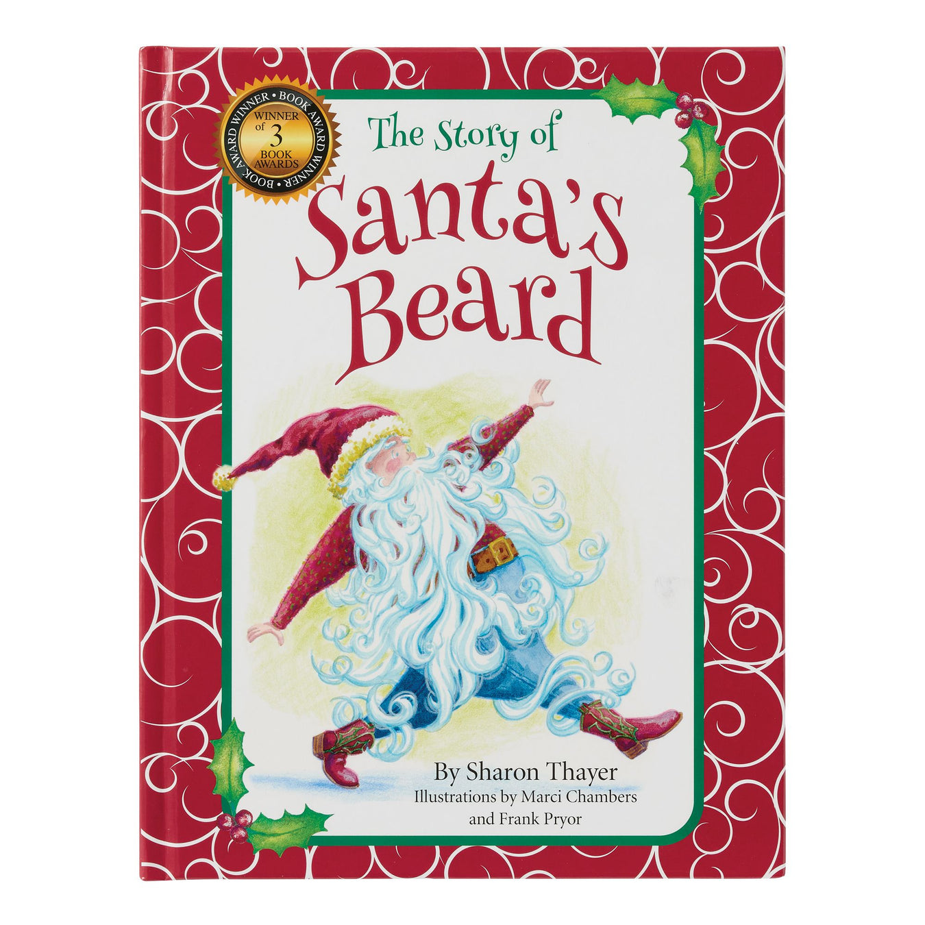 Book cover of 'The Story of Santa's Beard' with a red border and illustration of Santa Claus.