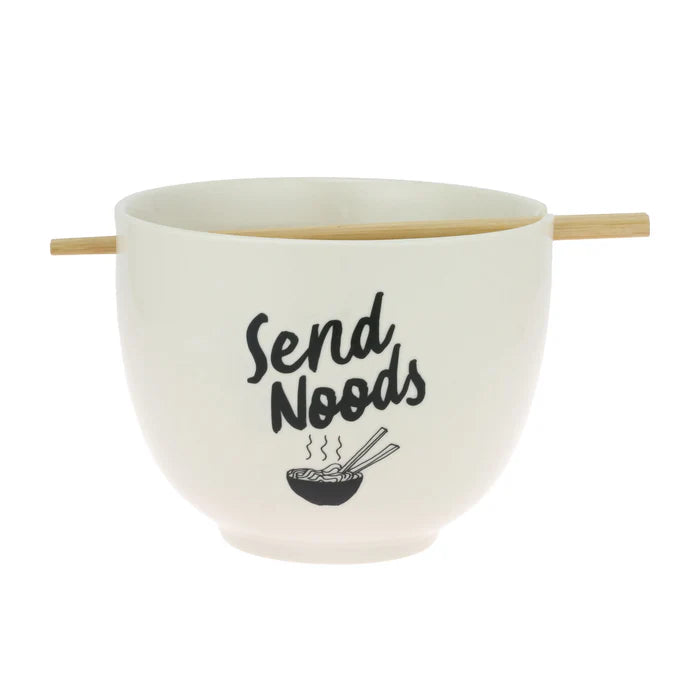 White bowl with 'Send Noods' text and chopsticks on a white background
