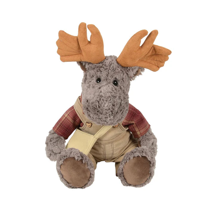 Plush moose toy wearing a plaid shirt and overalls on a white background