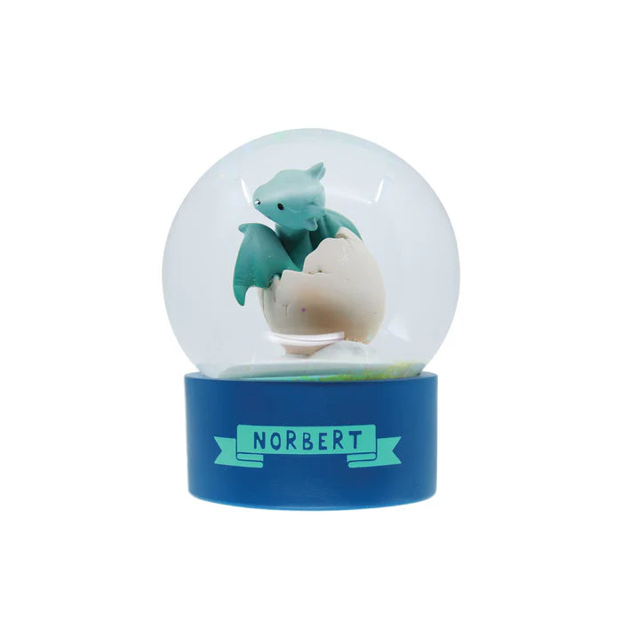 Snow globe with two cartoon characters inside, labeled 'Norbert', on a white background.